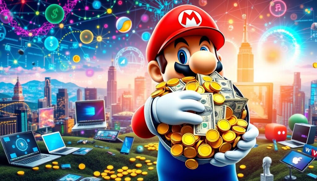 A vibrant digital landscape depicting the diverse avenues for earning money online. In the foreground, a figure resembling the iconic Super Mario character holds a large, overflowing scoop of gold coins and dollar bills, symbolizing the wealth and financial rewards of the digital economy. The middle ground features a variety of digital devices, laptops, and mobile phones, representing the various tools and platforms available for online income generation. The background showcases a kaleidoscope of interconnected networks, data streams, and technology-driven opportunities, conveying the expansive and ever-evolving nature of the internet as a source of revenue. The overall composition exudes a sense of excitement, opportunity, and the limitless potential of the digital world for earning and prospering.