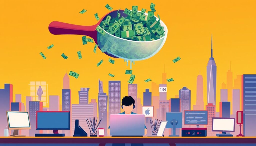 A vibrant, dynamic scene of a freelance worker operating across various online platforms. In the foreground, a figure sits at a desk, laptop open, surrounded by a swirl of digital interfaces and virtual workspaces. Hovering above, a giant glass scoop overflows with dollar bills, symbolizing the financial rewards of remote, flexible employment. The background features a stylized cityscape, conveying the global, interconnected nature of this modern, tech-driven mode of earning. Warm, saturated lighting lends an energetic, optimistic tone, capturing the promise and potential of independent, web-based work.